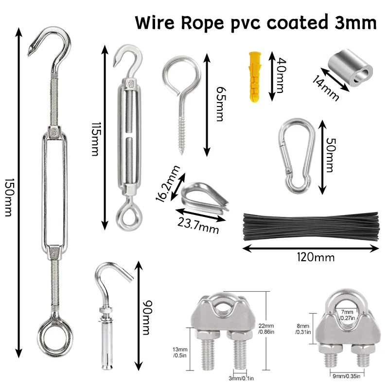 200FT 1/8 ''304 Kit tenditore tenditore per tenditore da giardino in acciaio inossidabile rivestito in vinile cavo da 3mm per giardino