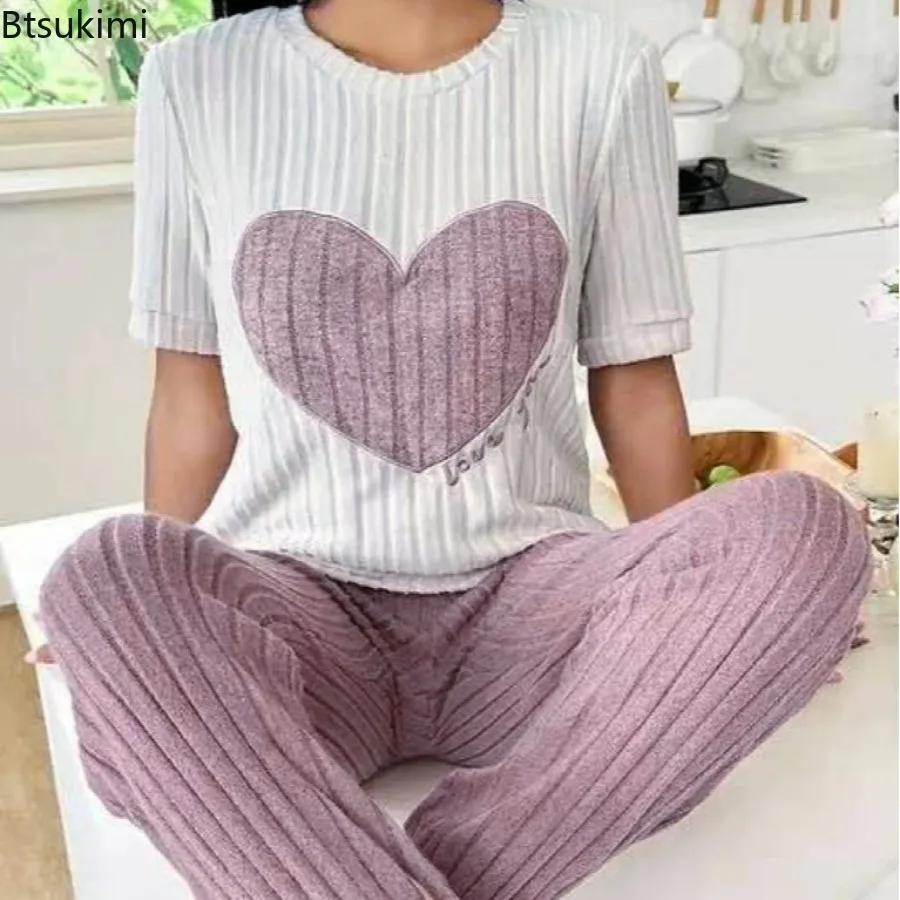 2026 Women's Summer Loose Pajama Sets Heart Pattern Short Sleeve Shirt and Pants Two-piece Simple Lovely Casual Home Wear Sets