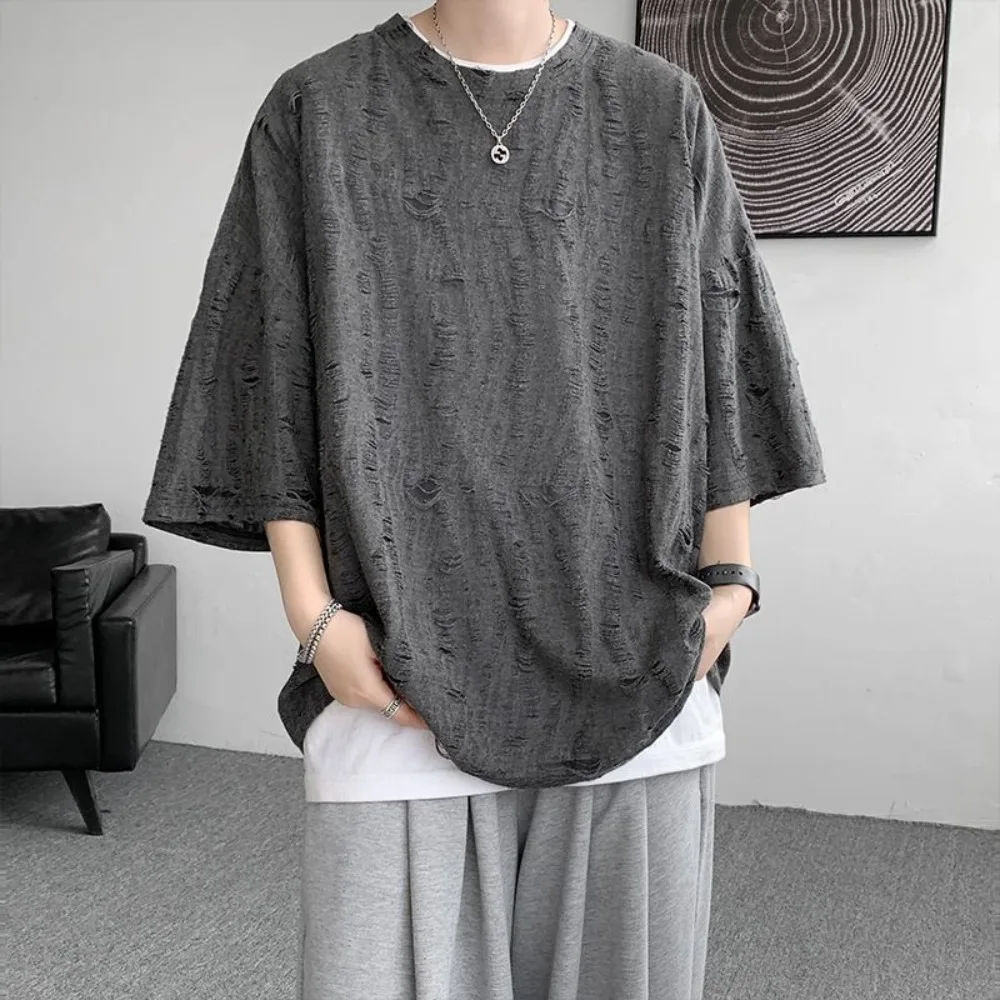 2024 new perforated pleated high street short sleeved T-shirt for mens summer hip-hop loose couple half sleeved fashion y2k tops