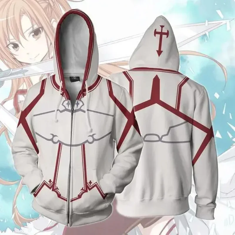 72th SAO Sword Art Online Kirito Asuna disfraz de Cosplay con cremallera sudaderas con capucha 3D de manga larga para hombres Sudadera con capucha de Anime de gran tamaño Ho