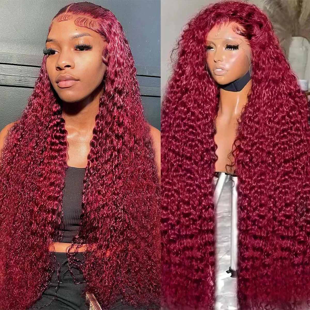 

Water Wave 13x6 Lace Frontal Human Hair Wig Peruvian 99J Burgundy Curly Wigs For Women PrePlucked 30 36Inch Colored Human Hair