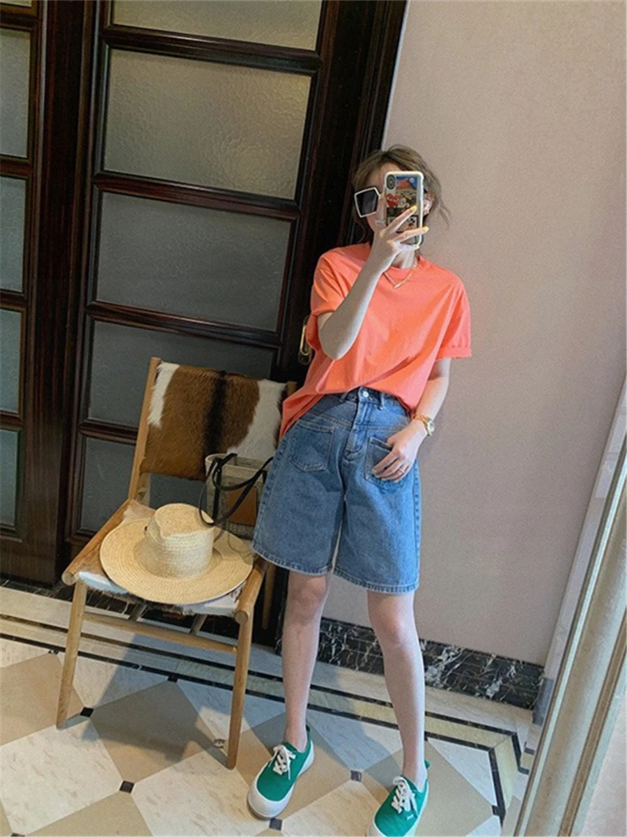 

High Waist Wide Leg Jeans orts plus Size Loose Thin Design Slimming Effect Five-Quarter Mid-Pants for Plump Sister