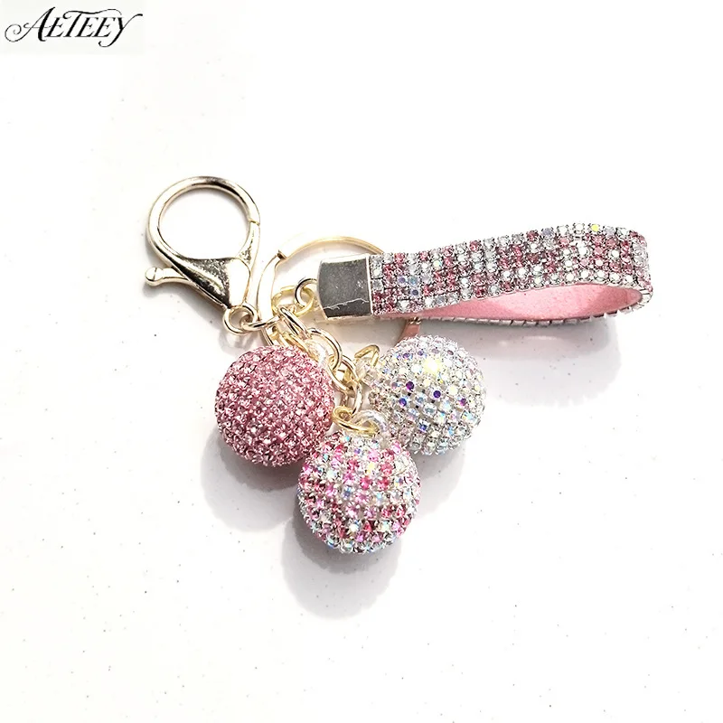 AETEEY Metal Rhinestone Ball Keychain Crystal Car Key Ring Cute Handmade Drill Rope Pendant Bag Charm