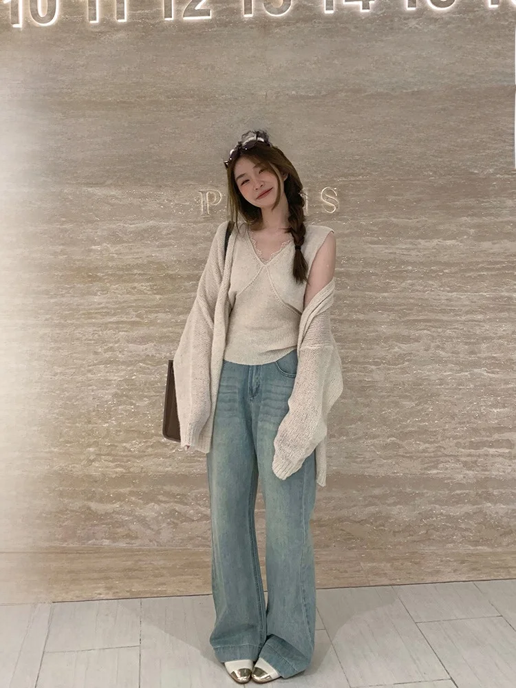 

Lace Knitted Sweater Set Women's Cardigan Two-Piece Set Soft Chic Sle Long Sve V-Ne Commute Faion Pure Color