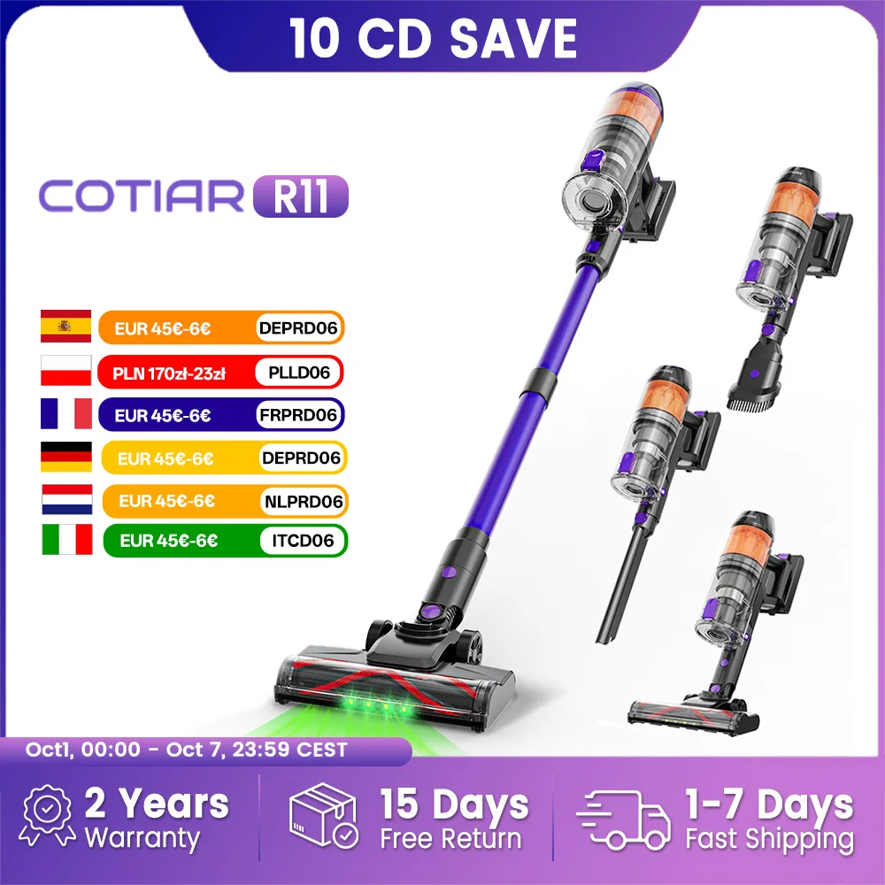 Odkurzacze bezprzewodowe COTIAR R11 do domu, 500W, siła ssania 50Kpa, lekki odkurzacz, 60-minutowe działanie, wyświetlacz LED, 3 filtry HEPA