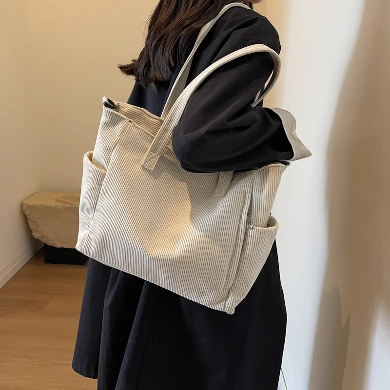 Neue Damen-Umhängetasche aus Cord, große Kapazität, Pendler-Tasche für Arbeit, Uni, tägliche Nutzung, Handtasche, Umhängetasche – Detail 25