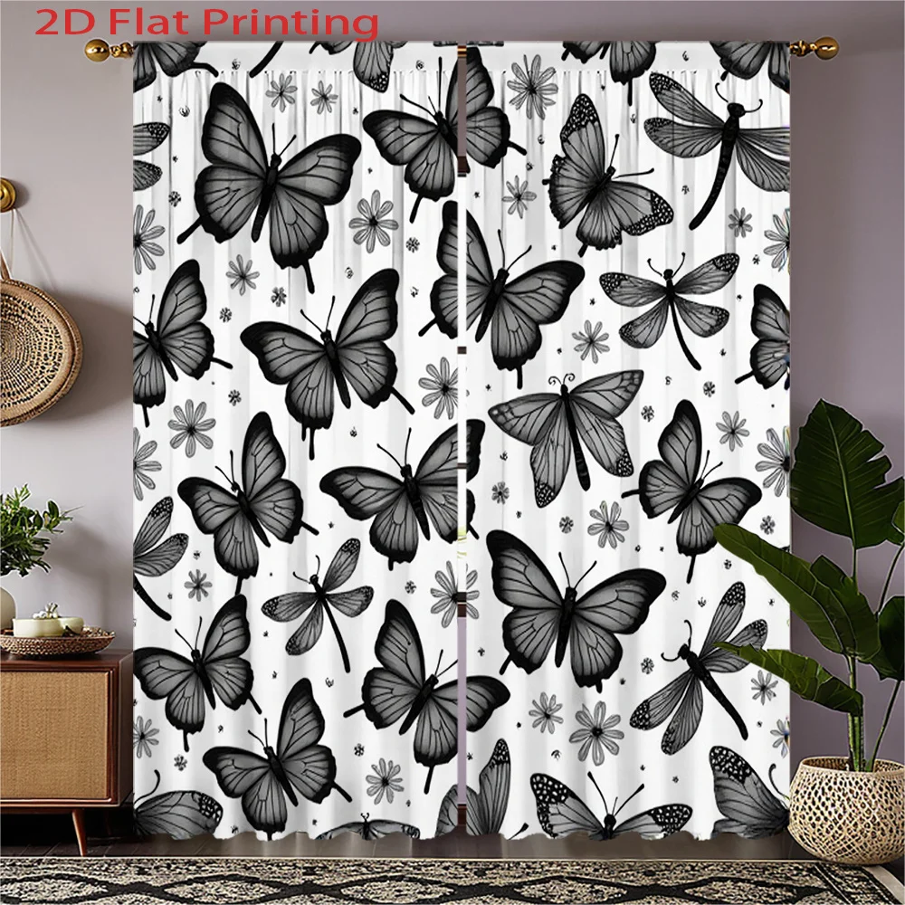 

2pc Vintage black butterfly and dragonfly curtains, made of polyester, machine washable, suitable for living room and bedroom.