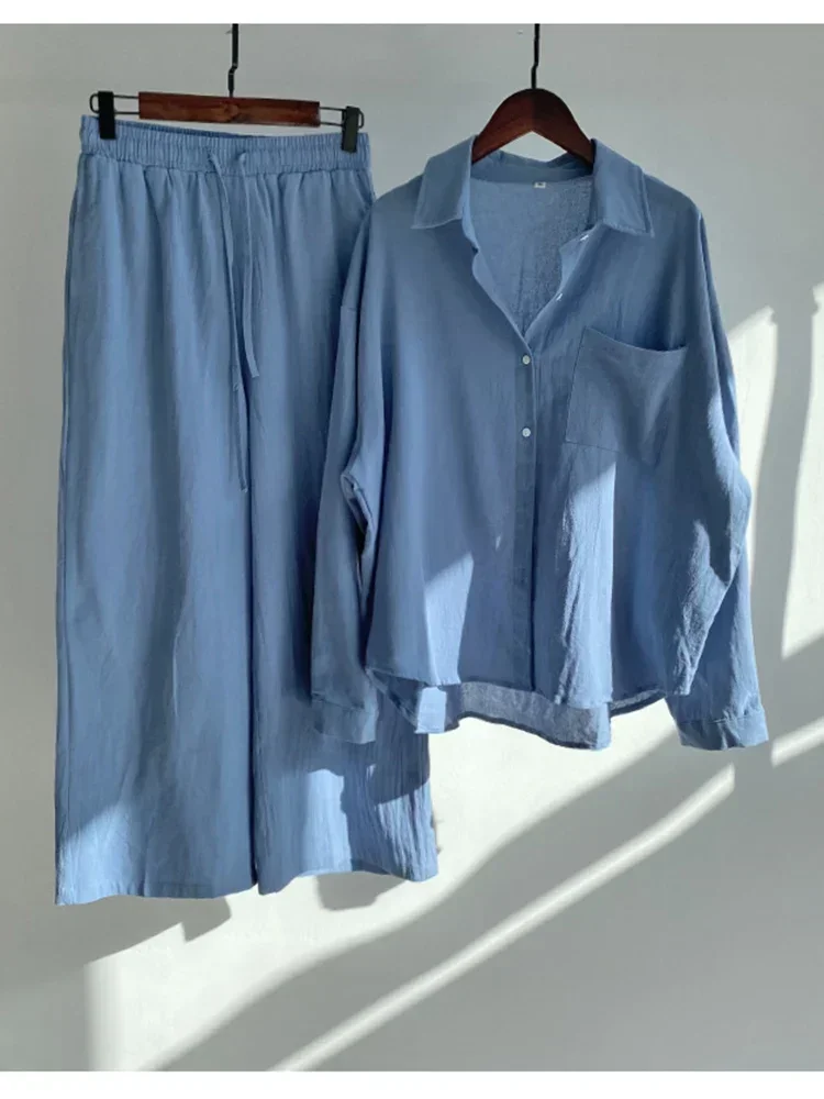 

Хлопковые льняные рубашки, широкие брюки с эластичной резинкой на талии, женские повседневные комплекты, элегантные свободные рубашки с длинными рукавами и лацканами, осенняя рубашка 2022, костюм Y2k