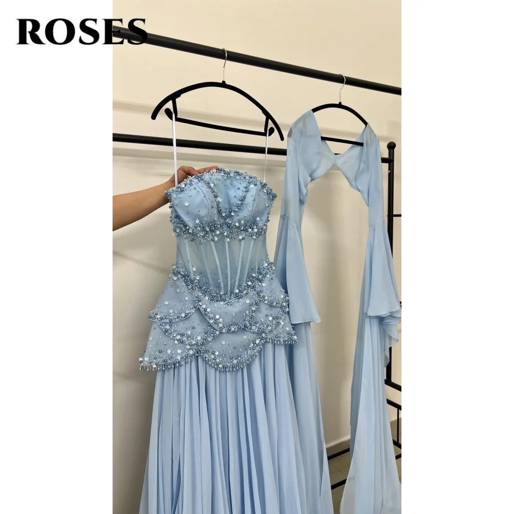 ROSES Sky Blue فساتين السهرة Strapless Gala Dress Pleat Beading A-line Prom Dress with Shawl Formal Dress Customized