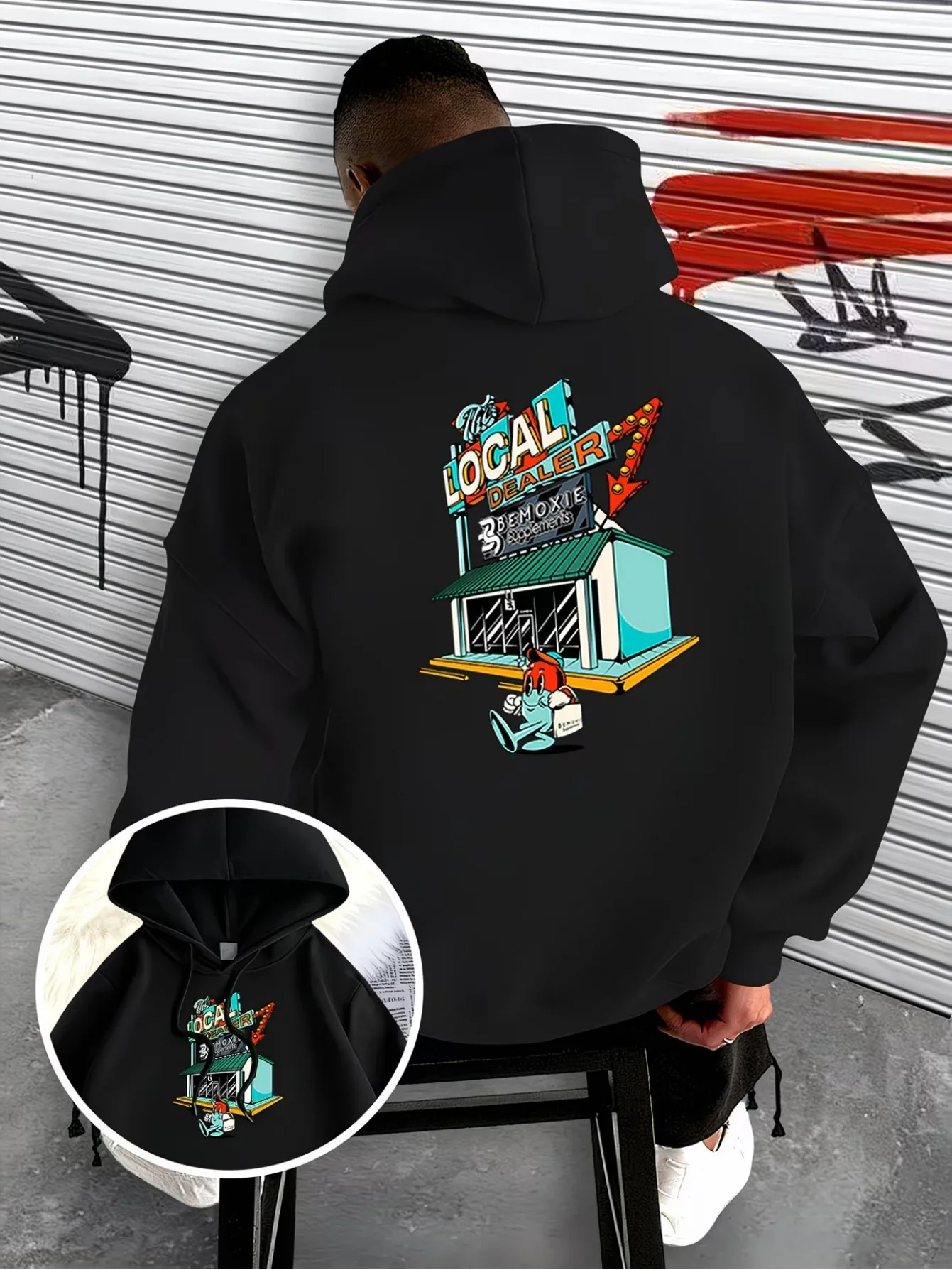Vintage Store Sign Cartoon Graphic Hoodie Men Women Front Back Print Pullover Loose Fit Spring Autumn Hooded Sweatshirt