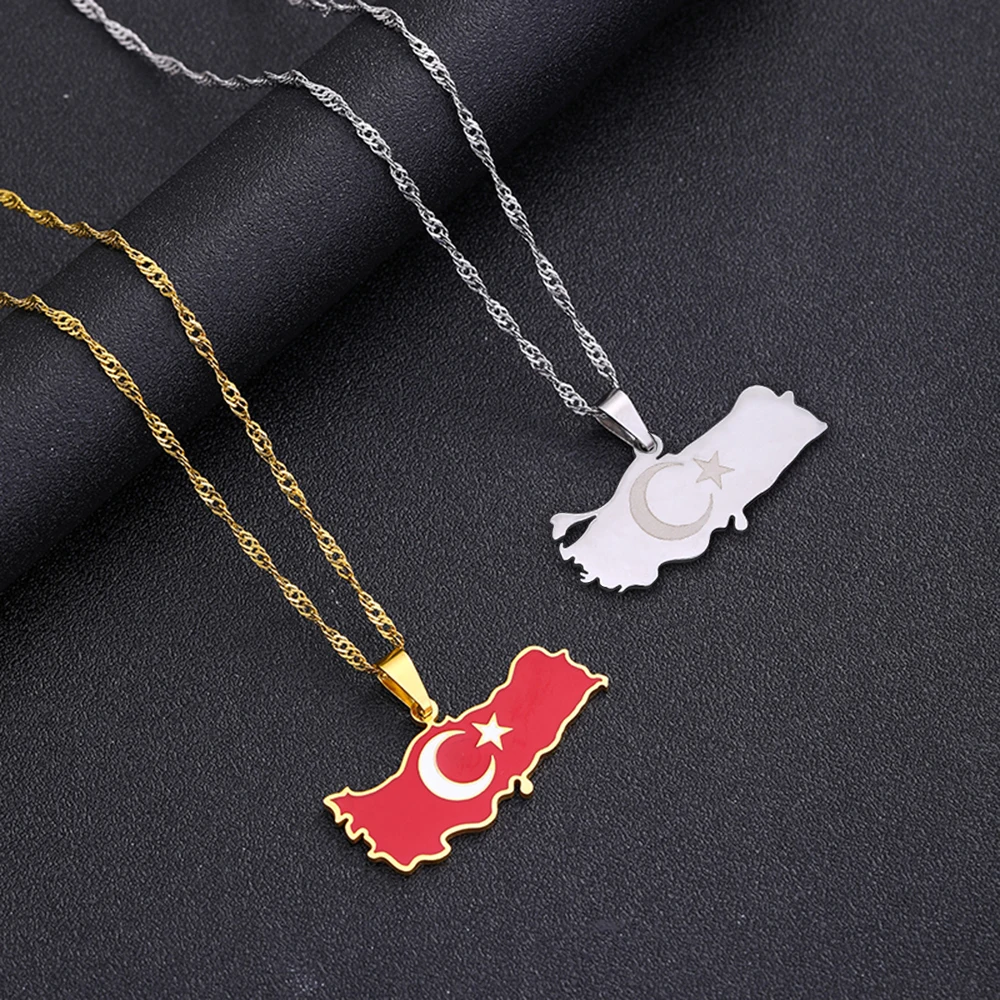 Fashion Türkiye Cumhuriyeti Map Flag Pendant Necklace Stainless Steel Men Women Maps Jewelry Gift