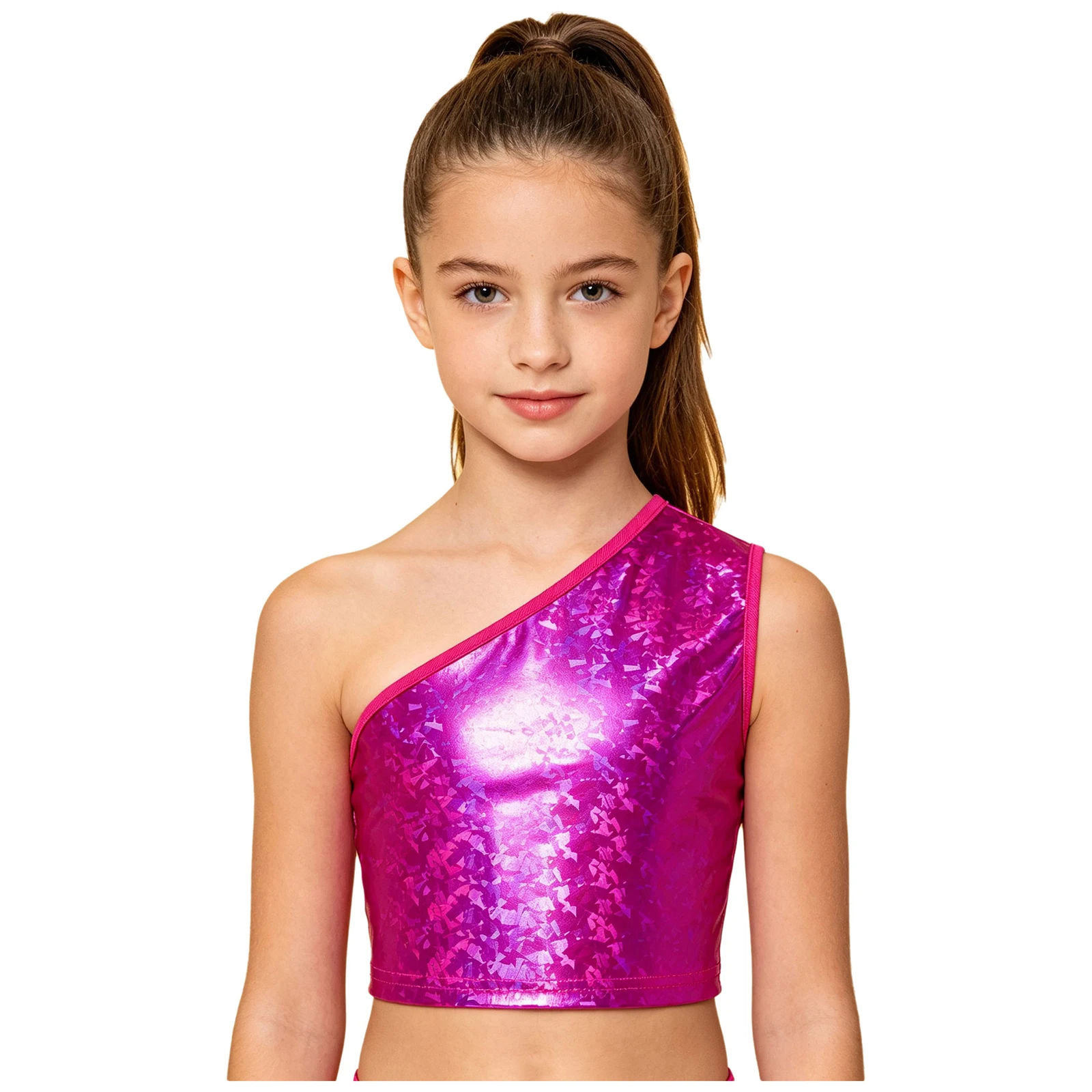 Kinder Jungen Ärmelloses Glänzendes Crop-Top Mädchen Hip-Hop Jazz-Tanz-Oberteil Einschultriges Metallic-Crop-Top Jazz-Tanz-Auftrittskostüm – Detail 18