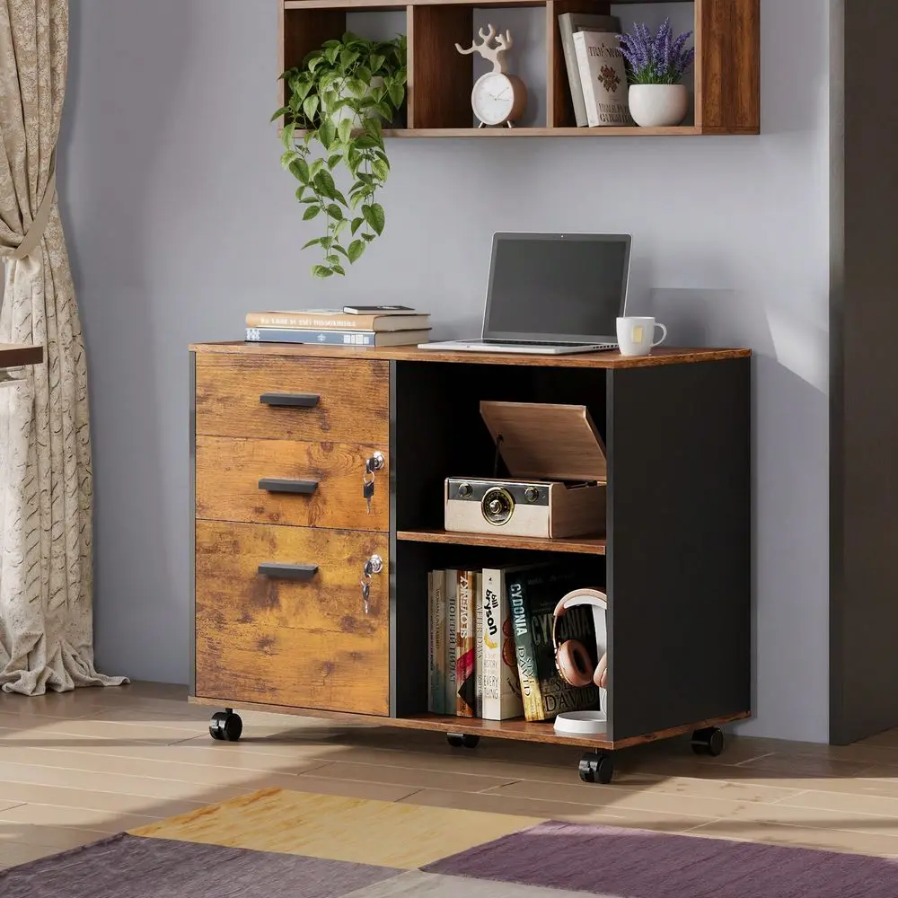 

Wood File Cabinet With Lock, Mobile Lateral Filing Cabinet, Printer Stand With Open Storage Shelves For Home Office