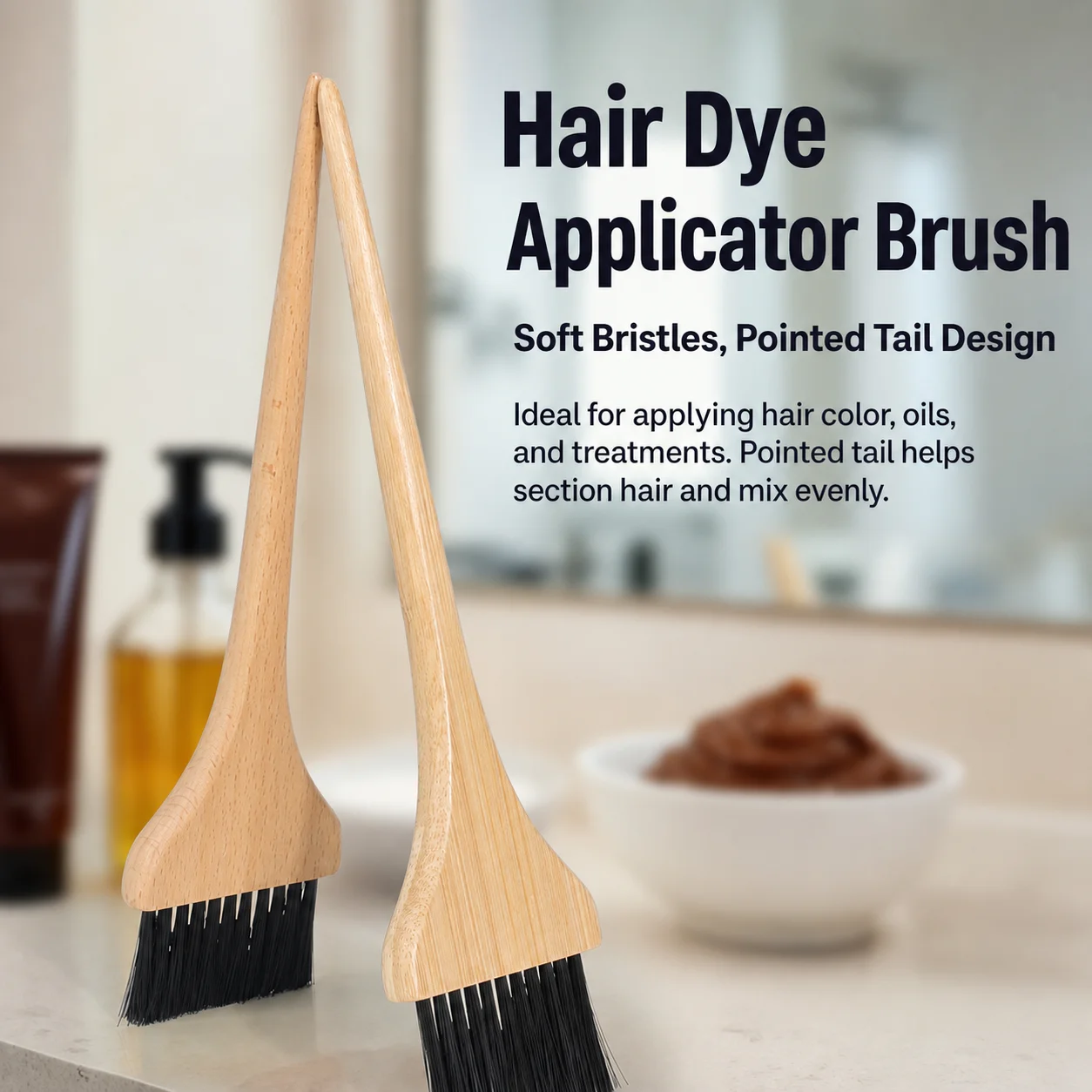 Wooden Handle Hair Dye Brush Nylon Bristles Tinting Tool Salon Bleach Coloring Applicator with Sectioning Tail for Styling