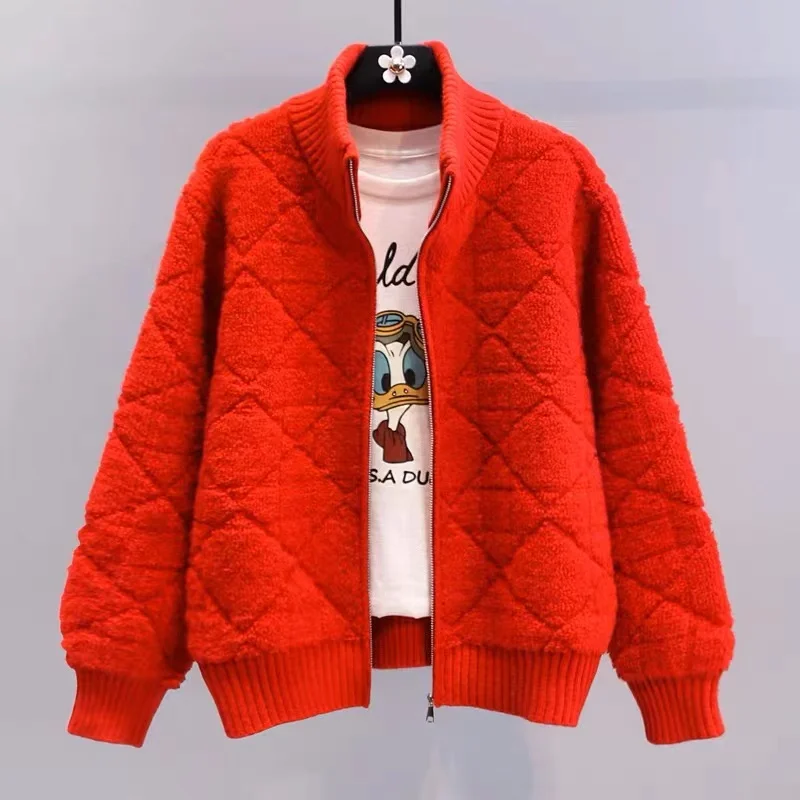 Women Clothing Zipper Fashion Jackets Autumn Winter Casual Lazy Style Sweet Knitted Cardigan Warm Fleece Coats Tops