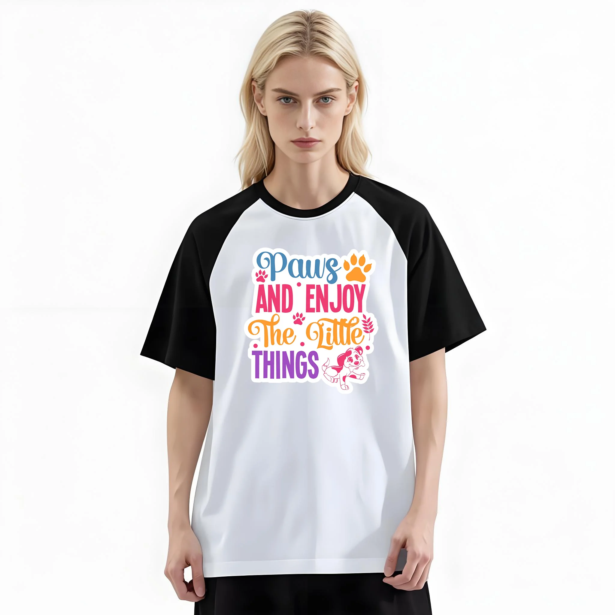 Women'S Fashion Raglan Sleeve T-Shirt, Paws And Enjoy The Little Things Printed, Summer Casual Comfortable Tee, Women'S Everyday Short-Sleeve Top