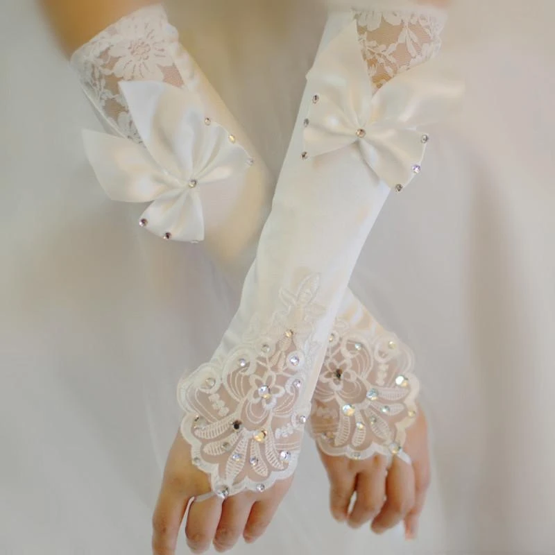 Luvas nupciais de cetim marfim com miçangas e rendas, sem dedos, longas, luvas de vestido feminino, acessórios para casamento, arco barato,