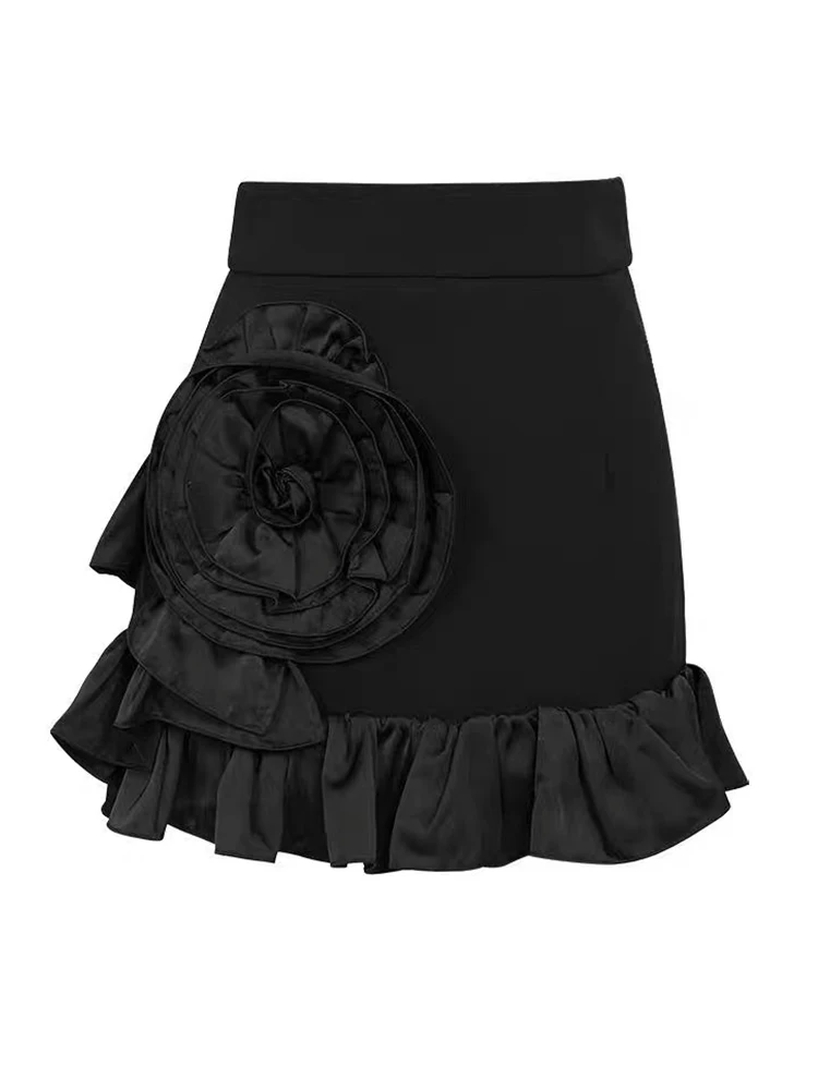 レディース服 エレガント ブラック ラッフル Aライン ショートスカート 女性 カジュアル スイート 花柄 セクシー ハイウエスト ラップ ヒップ ミニスカート ファッション 新作