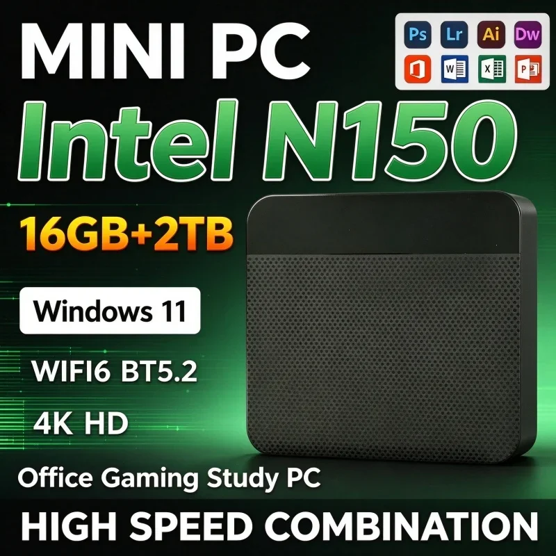 Intel N150 Compact Mini Desktop PC 16GB RAM 1TB/2TB SSD Win11 WiFi 6 BT5.2 4K Display Small PC For Office Entertainment Gaming