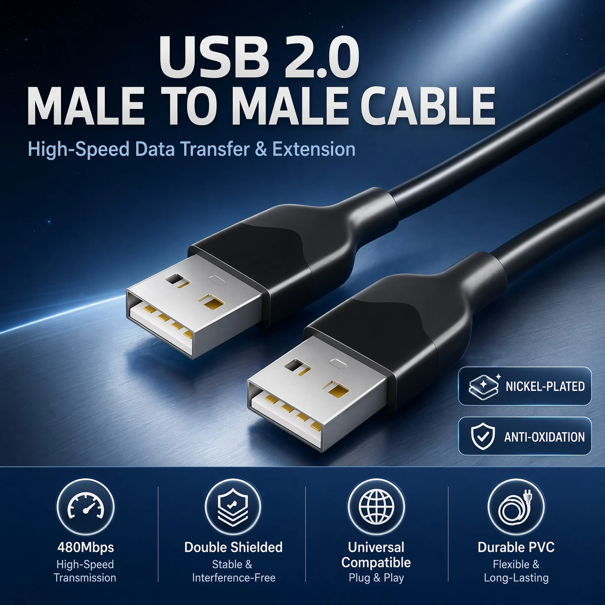 

USB 2.0 Male To Male Cable Double Type A Male Data Sync Extension Cord 480Mbps High Speed Transfer for Mobile Hard Disk Laptop