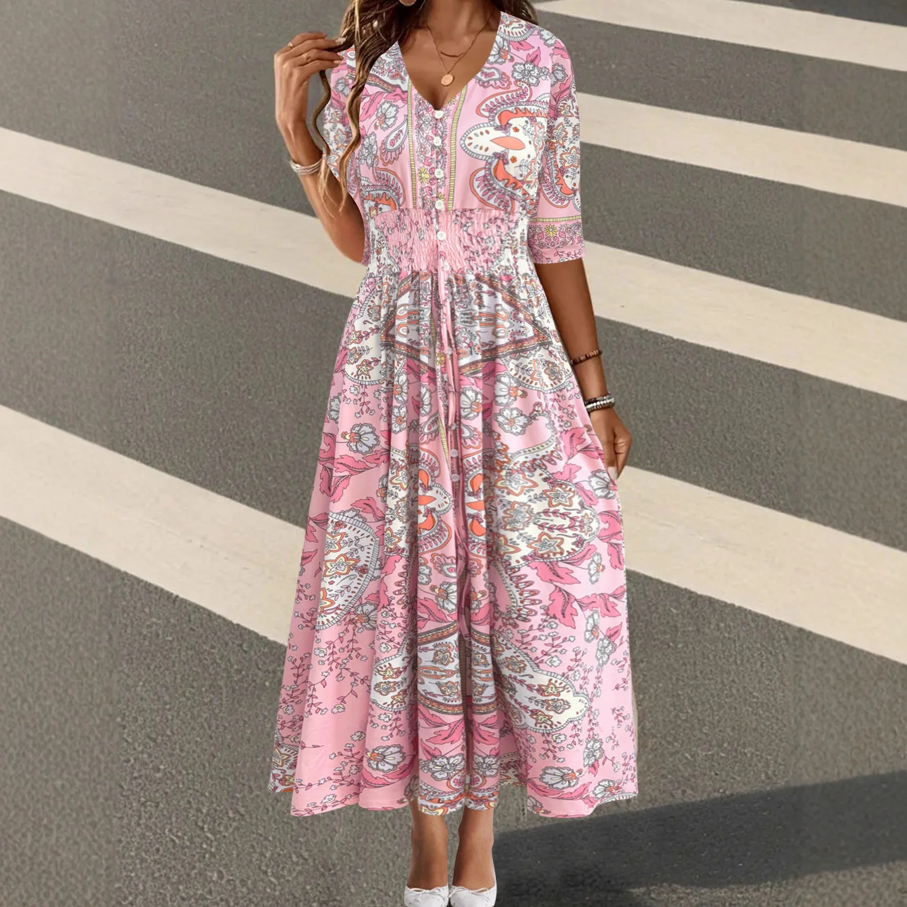 欧米風クロスボーダー秋物セール ボヘミアンプリント エレガントVネック長袖ワンピース