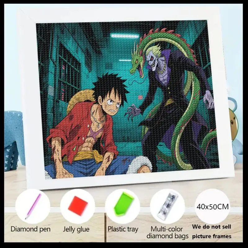 Kit de pintura de diamante 5D, escena de batalla de villano de Luffy y dragón de una pieza de Anime, arte de gema de cristal DIY de taladro completo, diámetro grande de 40x50CM