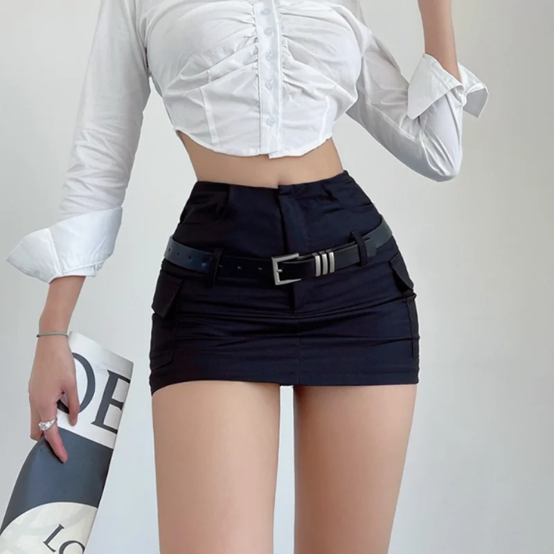 Black Mini Skirt Women Summer High Waist Slim Wrap Hip Belt A Line Skirt Shorts Elegant Korean Fashion Simple Casual Y2K