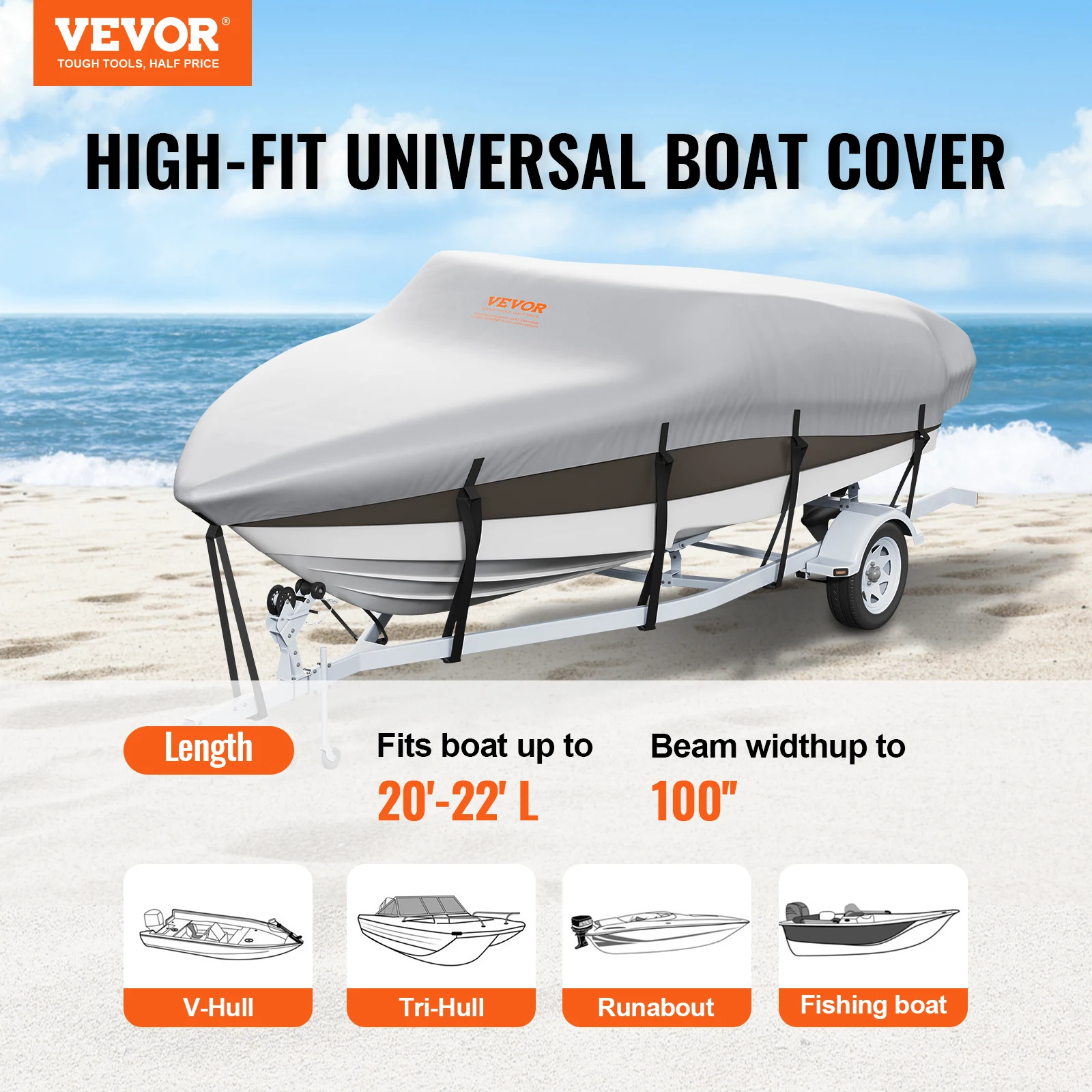 VEVOR Boat Cover Trailerable Waterproof with Motor Cover and Buckle Straps for V-Hull Tri-Hull Fish Ski Boat Runabout Bass Boat