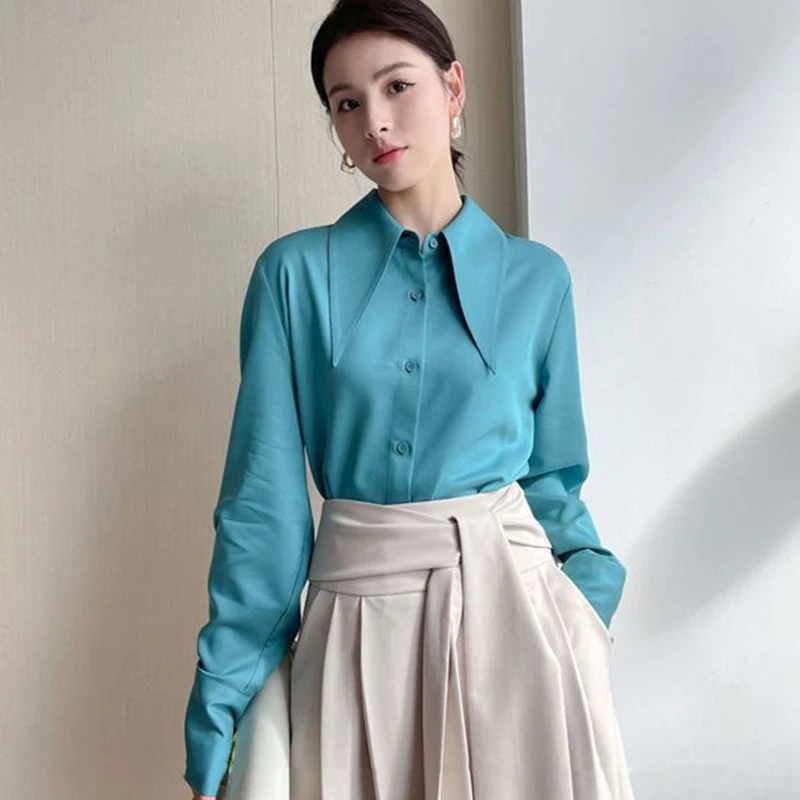 Y2k Women Blue Chiffon Shirts Korean Elegant Loose Pointed Collar Female Casual Blouse Autumn New Chic Office Button Ladies Tops