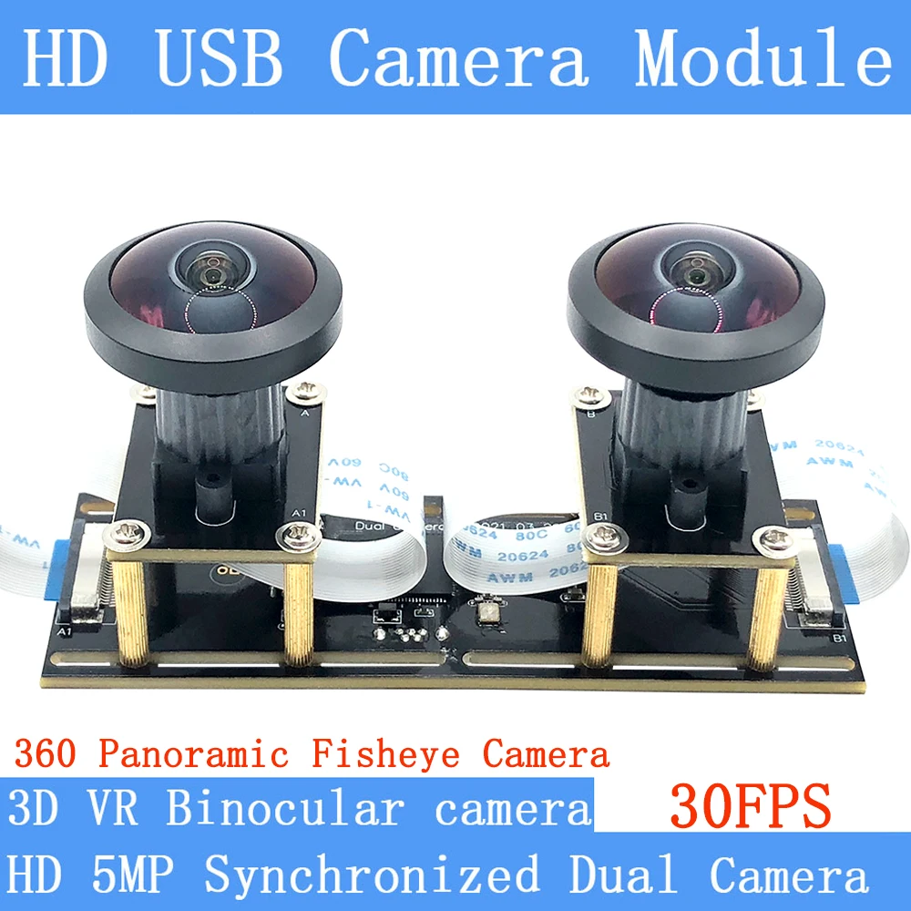 

5MP Dual 360° Panoramic Fisheye Binocular Synchronization Stereo 1080P Webcam USB Camera Module for 3D VR Virtual Reality