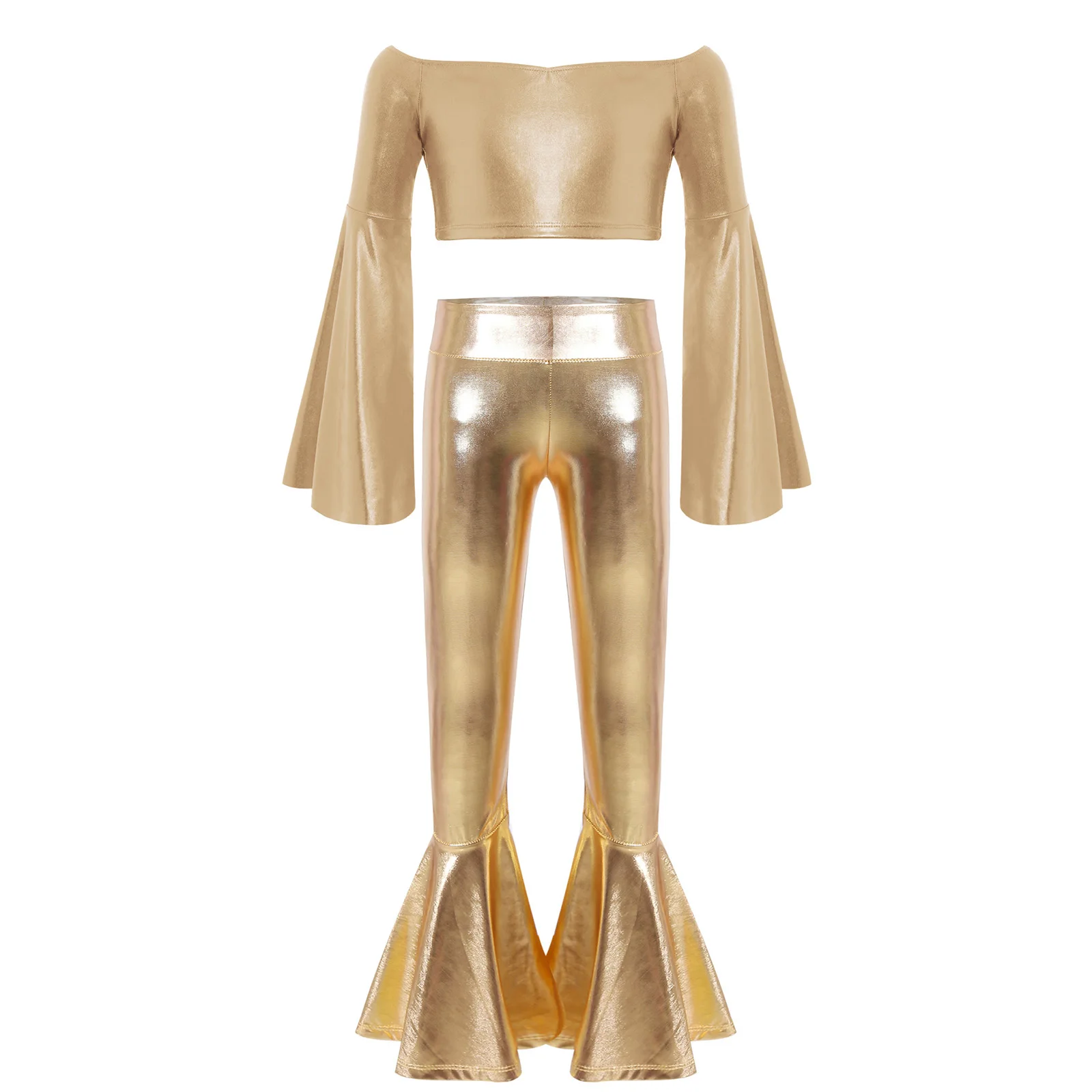 

Kids Girls Disco Jazz Dance Outfit Long Flared Sleeve Off-Shoulder Glossy Metallic Crop Top+Bell-bottom Pants Set Streetwear
