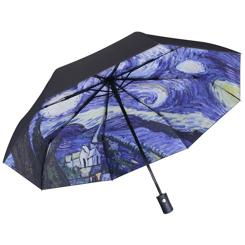 Brand Folding Umbrella Female Windproof Paraguas Van Gogh Oil Painting  Rain Women Quality Black Coating Parasol