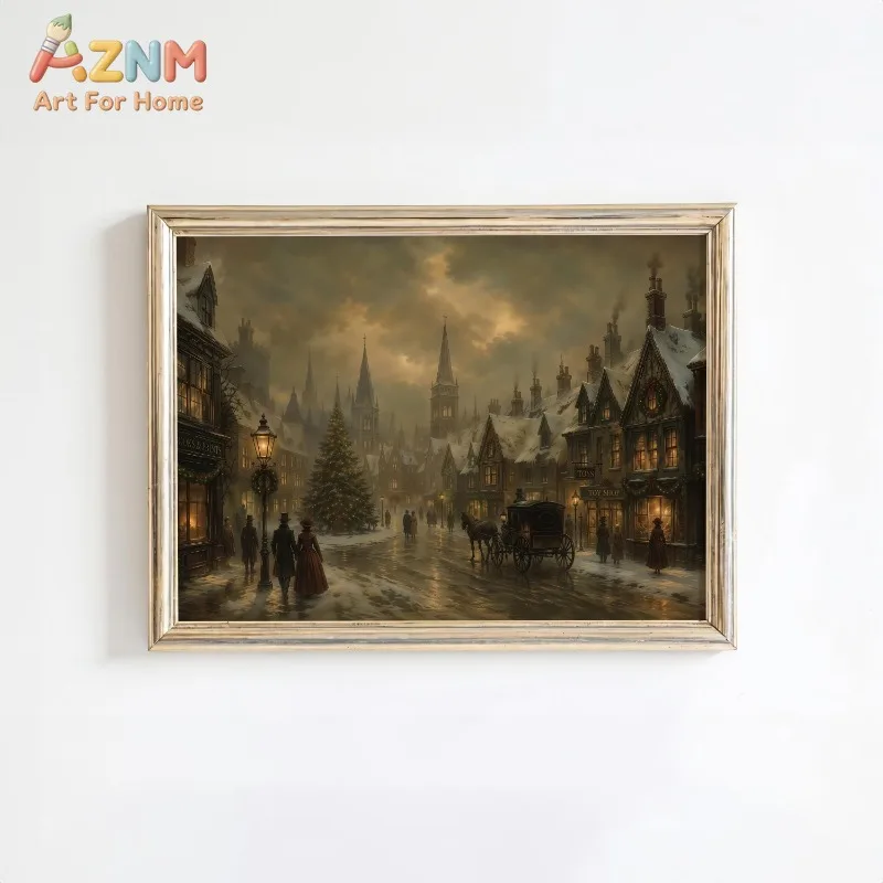 Vintage Christmas Town Canvas Wall Art Street Horse Carriage Snowy Evening Scene Holiday Home Wall Print Unframed Canvas Poster