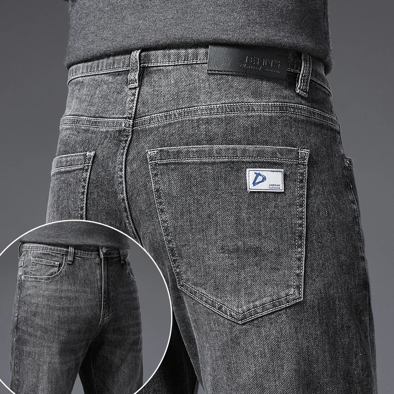 Men's Soft Stretch Straight Jeans Business Casual Slim Fit Wash Denim Pants Korean Fashion Blue Gray Male Brand Trousers