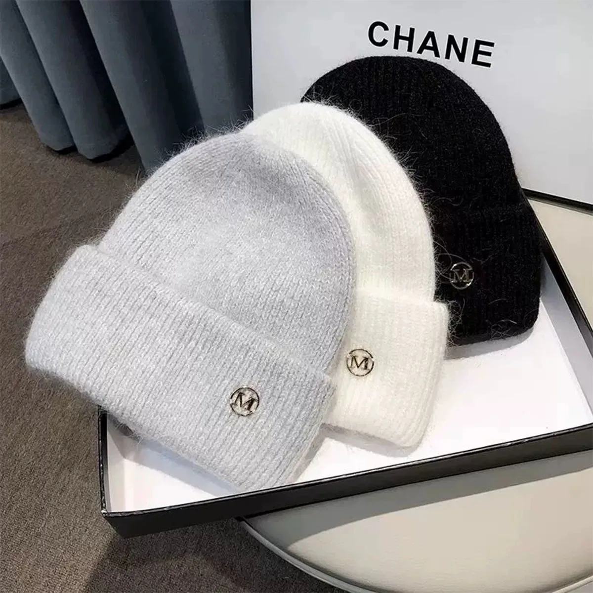 Women's Winter Hats Soft Knit Beanie Warm Rabbit Fur Cute Solid Color Slouchy Cap Casual Outdoor Fashion Solid Adult Cover Head