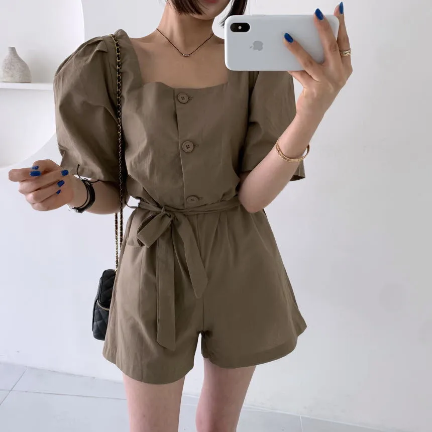 

Women Rompers Short Jumpsuits 2024 Summer Short Sleeve Belted Solid Color Loose High Waist Elegant Casual OL Playsuits