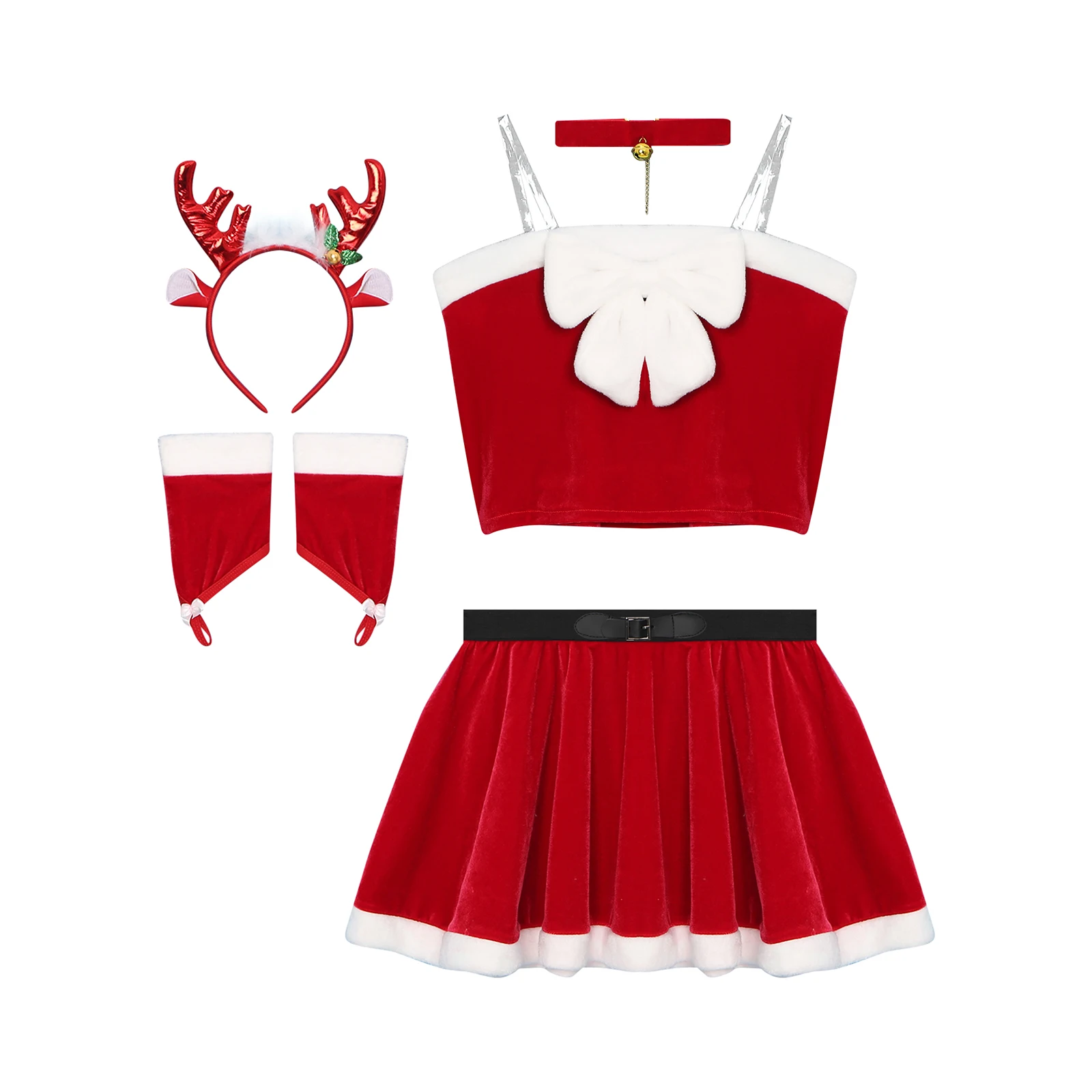 

Lingerie Christmas Cheering Costume Women Strap Crop Top with Mini Skirt Bell Choker Arm Sleeve And Headwear Sets