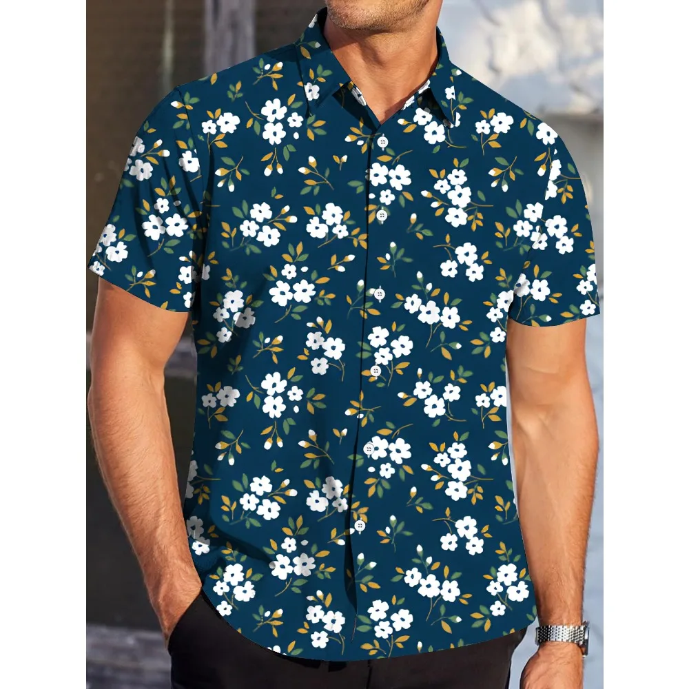 Summer Fresh Mini White Flower Mens Lapel Shirt Lightweight Breathable Polyester Outdoor Travel Daily Casual Beach Blouse