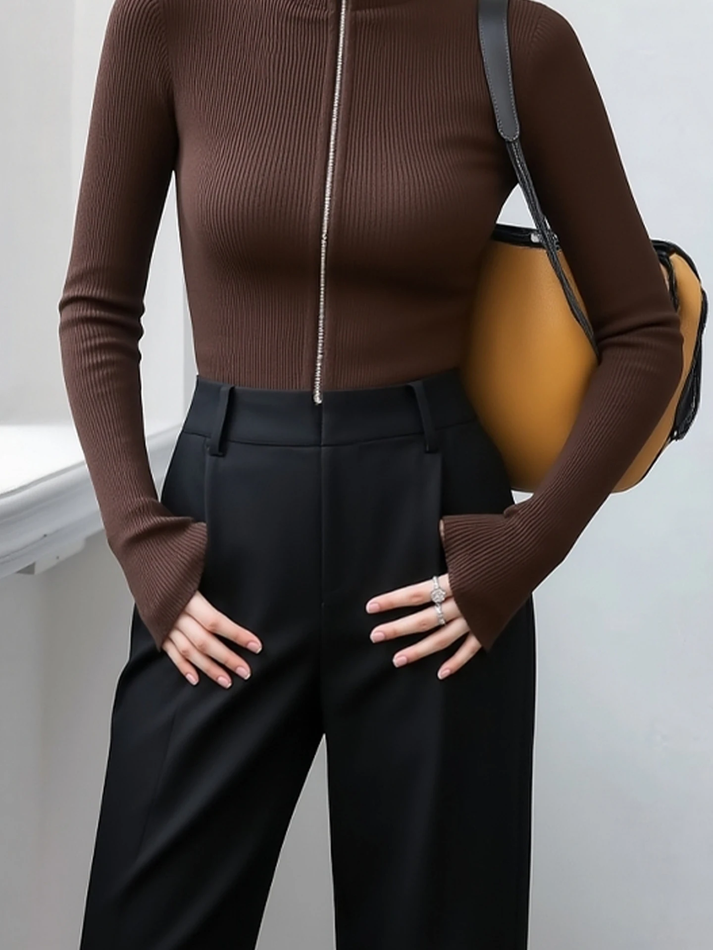 Cardigan lungo con cerniera a collo alto, maglione lavorato a maglia di colore caldo, top lavabile per le donne, vestibilità regolare