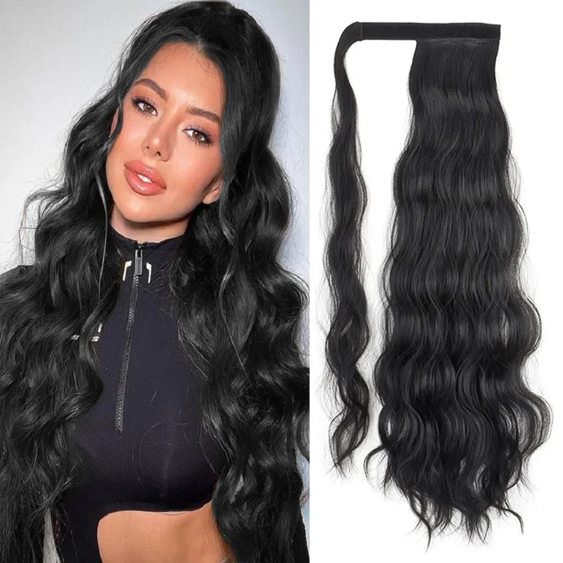 

22Inch Synthetic Long Wave Curly Wrap Around Clip in Ponytail Hair Extension Black Blonde Fake Hairpiece for Women