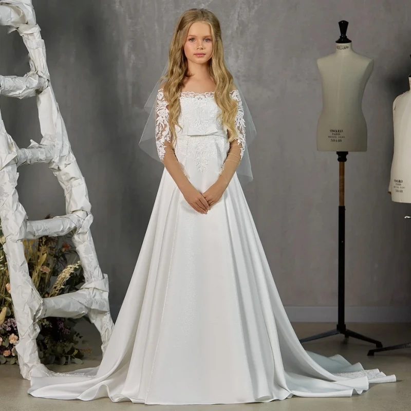 White Flower Girl Dresses Satin Appliques With Tailing Long Sleeves For Wedding Birthday Party Banquet Princess Gown