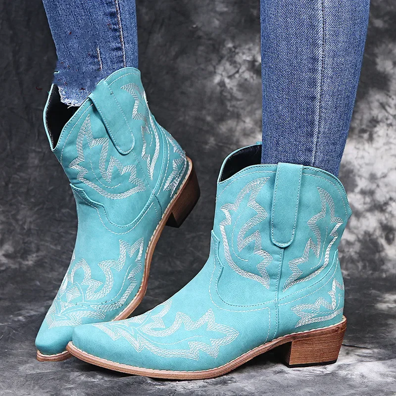 Vintage Embroidery Cowboy Woman Boots 2023 Autumn Winter Thick Heels Ankle Boots For Women Red PU Leather Western Botas Mujer