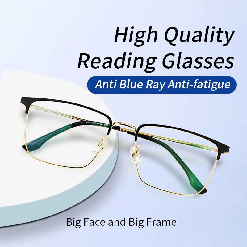 

Anti Blue Ray Anti-fatigue Reading Glasses for Men, Full Rim Metal Frame,Large Oversized Presbyopic glasses ,Hard Resin Lens