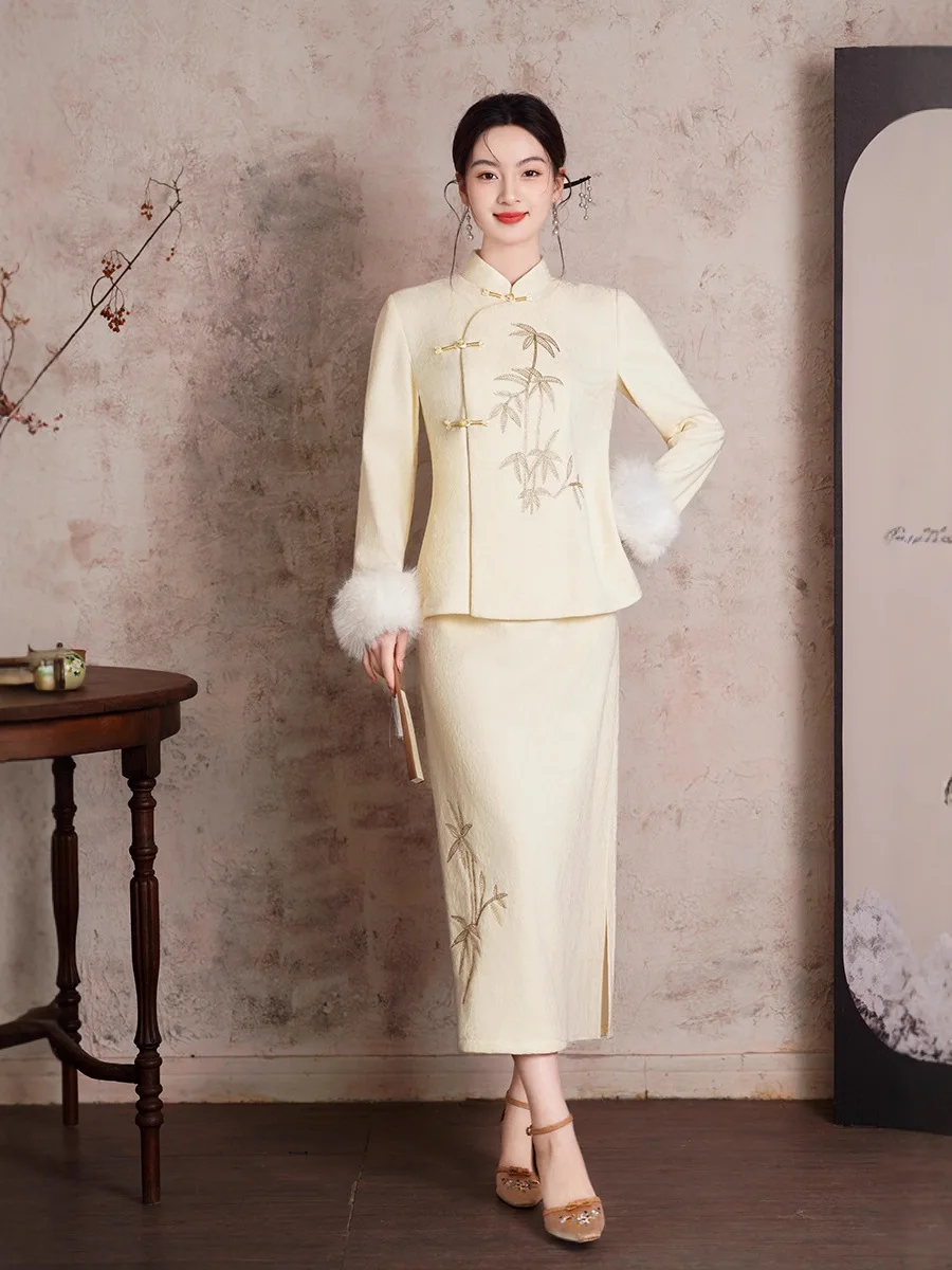 

Новый Qipao 2300, осенне-зимнее издание, элегантный темпераментный жаккардовый композитный супермягкий комплект для похудения в китайском стиле