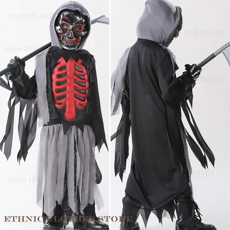 

Halloween Children's Terrifying Skull Head Cloak Coaplay Grim Reaper Costume Hooded Cape Carnival Party Kid Demon Ghost Dress Up