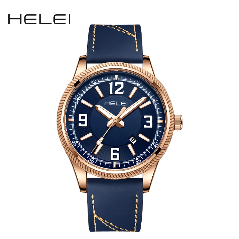 HELEI Fashion new sports casual quartz watch date genuine leather luminous strap men's wristwatch