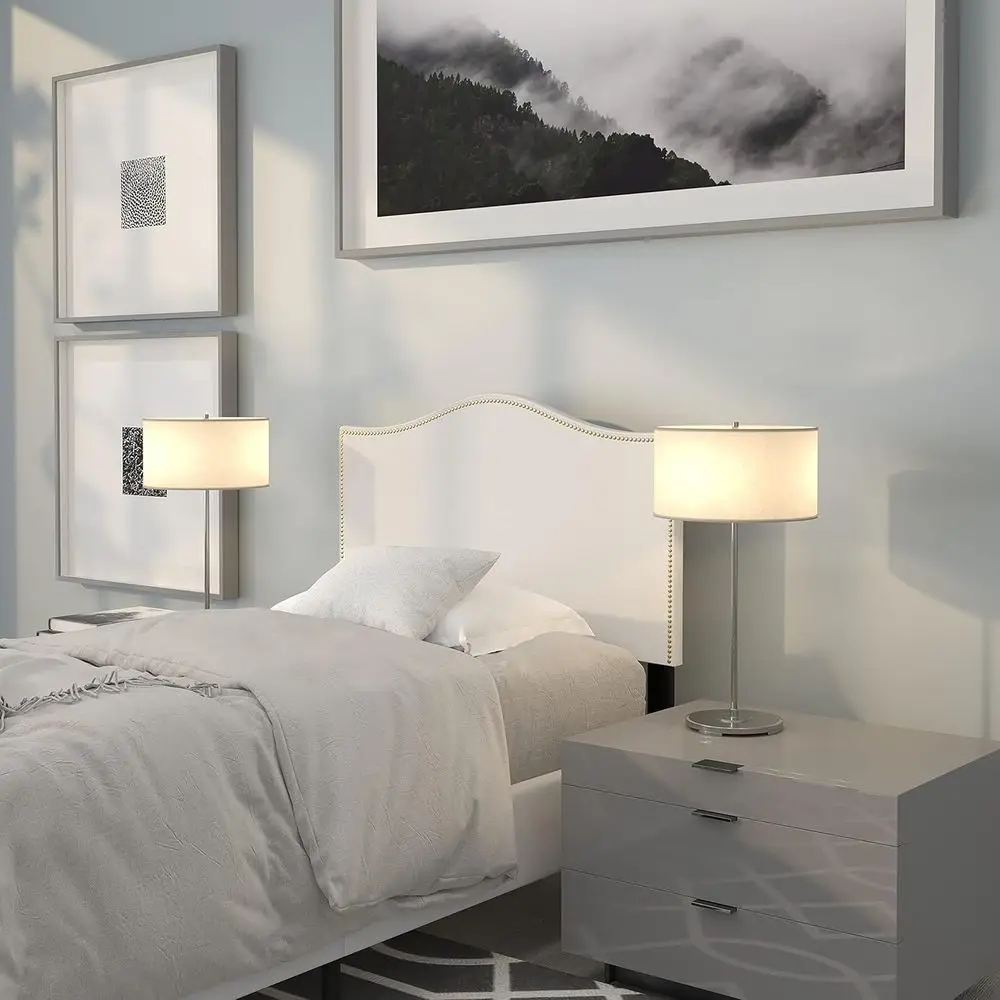 

Upholstered Twin Bed with Nailhead Trim in White Fabric