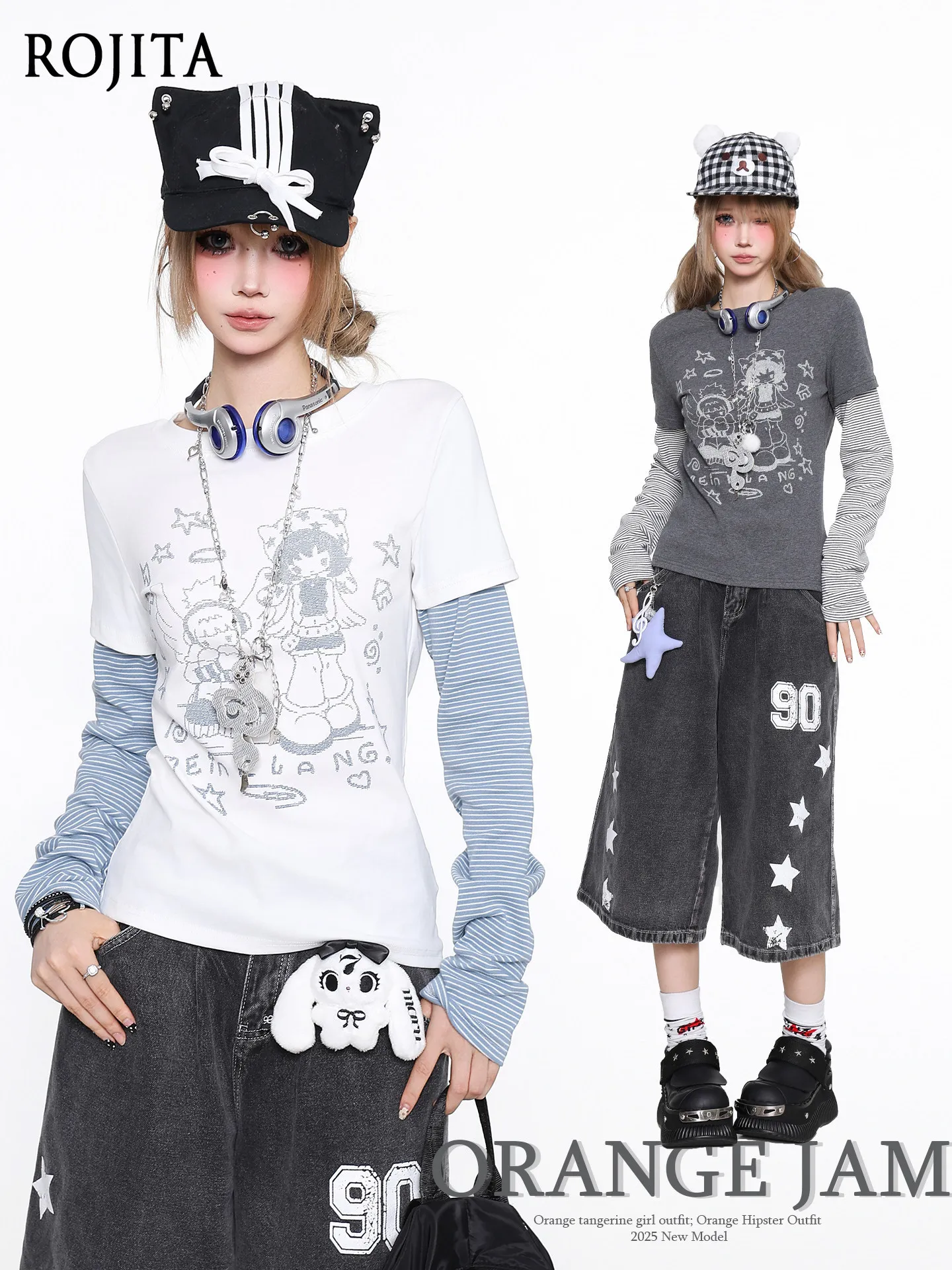 Y2K Fake Two Layer Long Sleeve T-Shirt White Short Sleeve Outer with Blue Stripe Ruched Inner Sleeve Anime Girl Print Slim Top