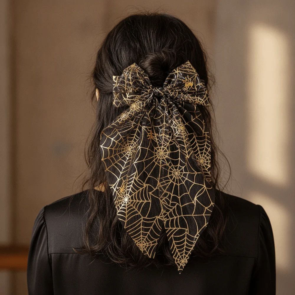 Spider Web Pumpkin Witch Halloween Bow Hair Clip Bronzing Transparent Long Ribbon Bow Duckbill Clip Headpieces Silk Gauze