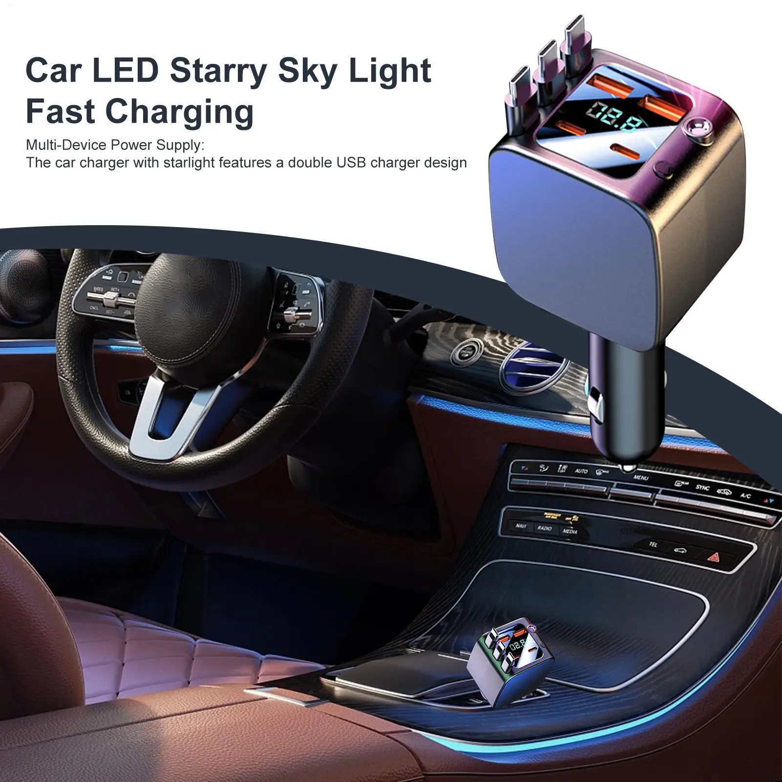 Car Charger With Retractable Cables 2 USB Ports 18W Fast Charging Atmosphere Lighting Car Charger USB For Daily Commute